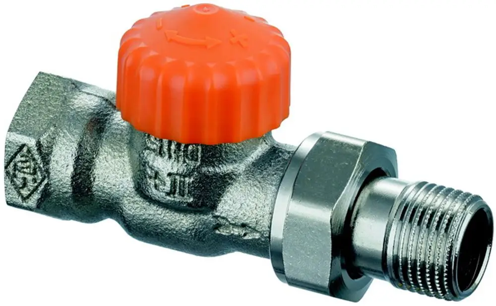 Thermostatventilunterteil aus vernickeltem Messing mit orangefarbenem Drehknopf von IMI Hydronic Engineering, geeignet für Heizungsanlagen.
